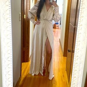 Lantern long sleeve surprise neck wrap hem floor length dress